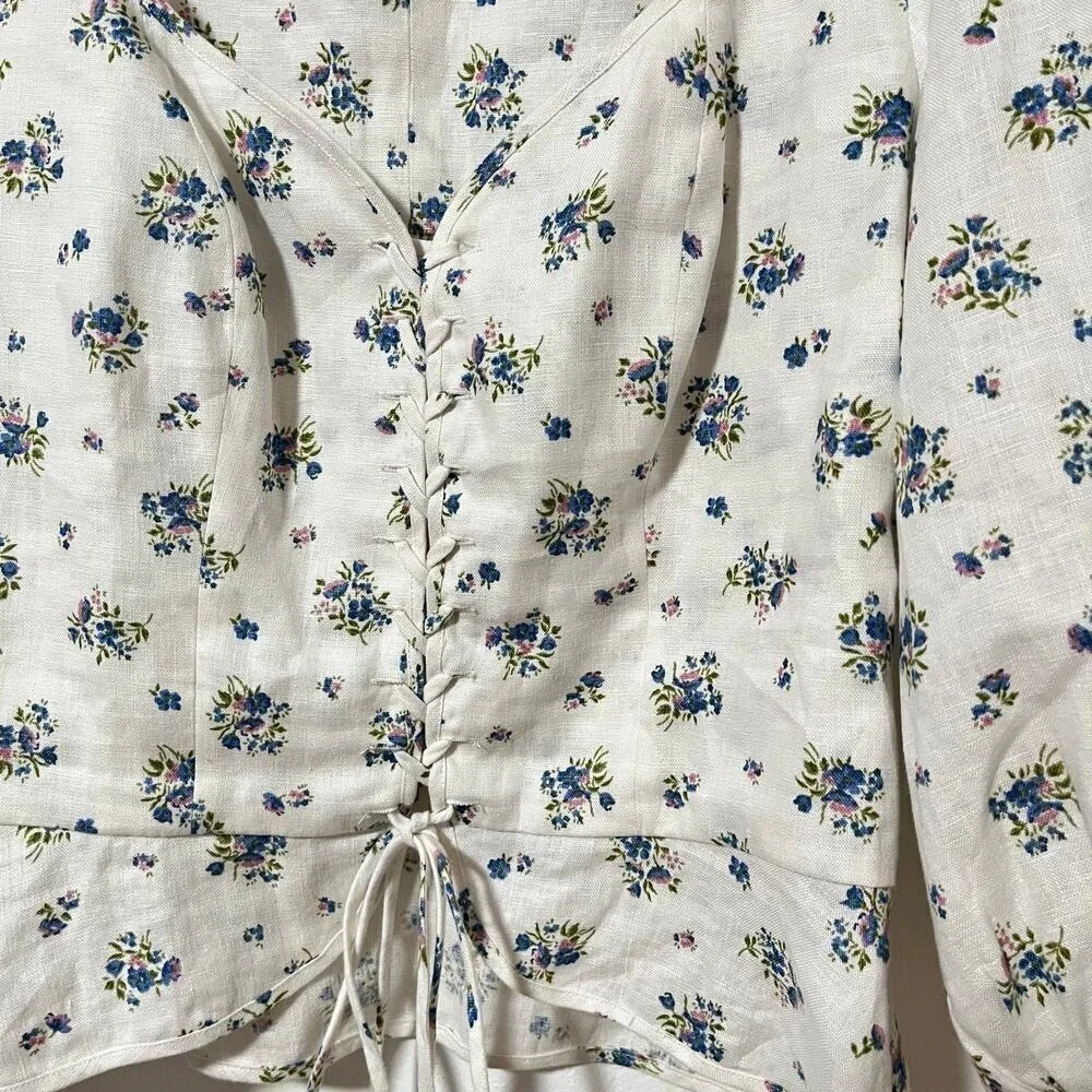 Reformation Barrett Ditsy‎ Floral Linen Lace Up Top Size 12 Puff Sleeve Cottage